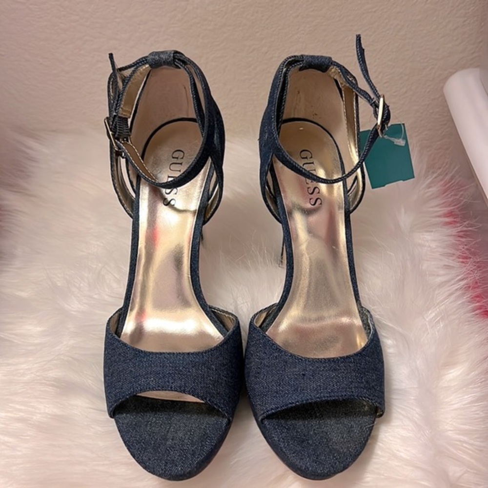GUESS Denim platform open toe heels Size 7.5